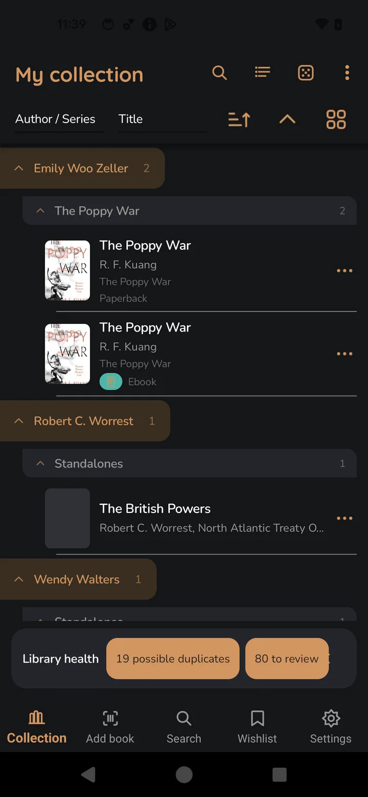 BookCollections app showing a personal library grouped by author and series, with a library-health bar flagging possible duplicates and books to review.